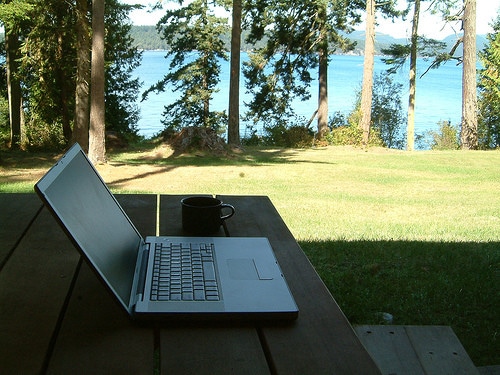 working on a laptop outside