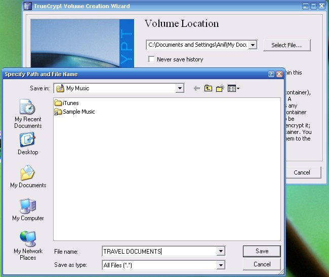 truecrypt save file as