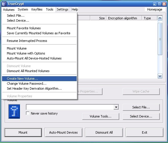 truecrypt create new volume screenshot