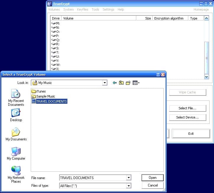 truecrypt select file screenshot