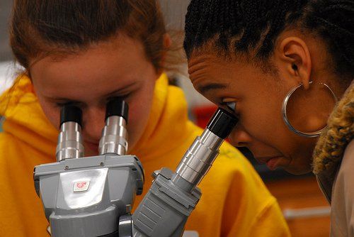 two girls looking through microscope