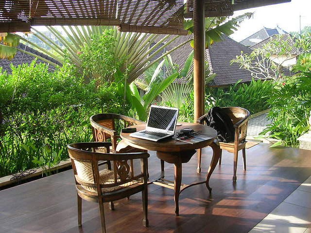 laptop on outdoor desk